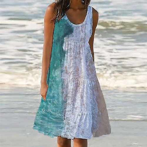 

Mulheres Vestido casual Vestido de turno Vestidos Para o Verão Azul Sem Manga Cores Gradiente Bolsos Primavera Verão Decote U 2022 S M L XL XXL 3XL
