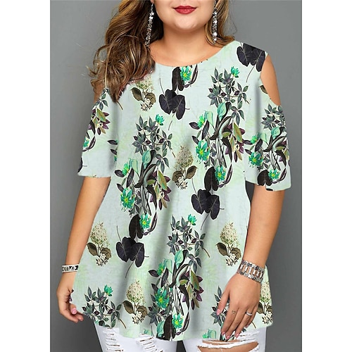 

Women's Plus Size Tops Blouse Shirt Floral Cut Out Print Half Sleeve Crewneck Streetwear Daily Going out Cotton Spandex Jersey Fall Spring Green Blue