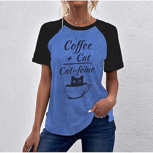 

Women's T shirt Tee Black Red Blue Cat Text Print Short Sleeve Casual Weekend Basic Round Neck Regular Cotton Cat Painting S