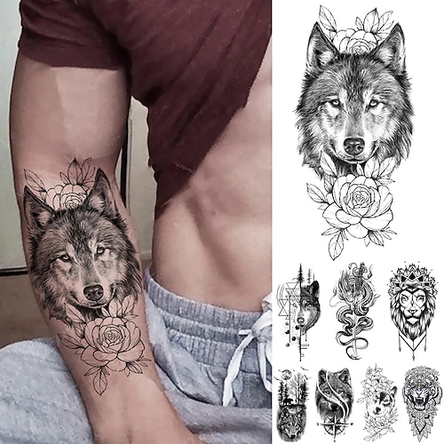 

8 pcs Arm Tattoos Wolf Lion Tiger Animal Dragon Waterproof Temporary Tattoo Stickers Paste Body Art Flash Fashion Fake Tatoo Women Men