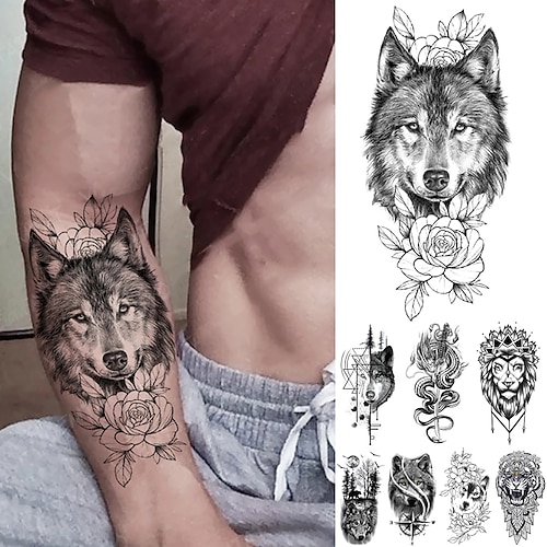 

8 pz braccio tatuaggi lupo leone tigre animale drago impermeabile adesivi tatuaggio temporaneo pasta body art flash moda falso tatoo donne uomini