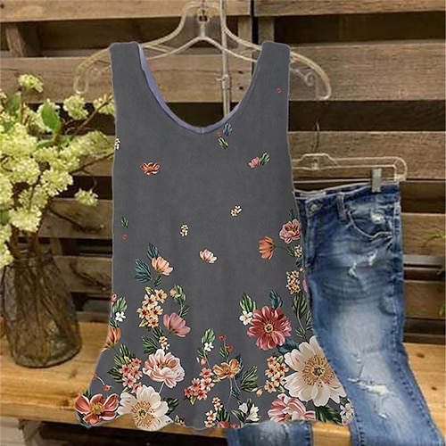 

Women's Plus Size Tops Tank Top Floral Print Sleeveless V Neck Streetwear Daily Holiday Cotton Spandex Jersey Spring Summer Green Gray