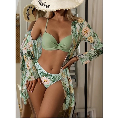 

Women's Swimwear Bikini Three Piece Normal Swimsuit 2 Piece Open Back Sexy Printing Leaves Pink Blue Orange Green V Wire Bathing Suits New Vacation Fashion