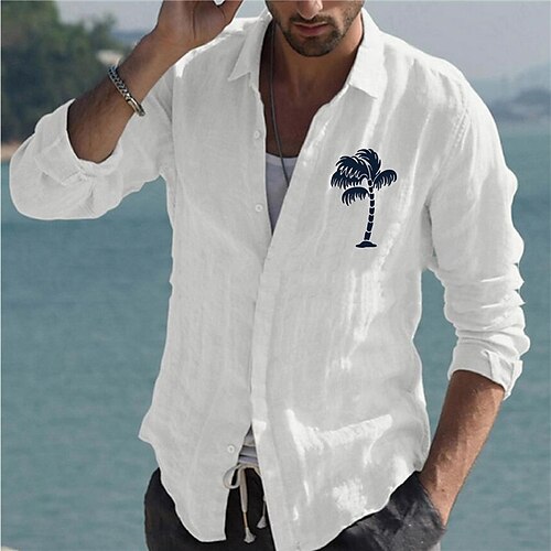 

Men's Shirt Hot Stamping Graphic Coconut Tree Turndown Street Casual Button-Down Print Long Sleeve Tops Designer Casual Fashion Big and Tall White Black Light Blue / Summer