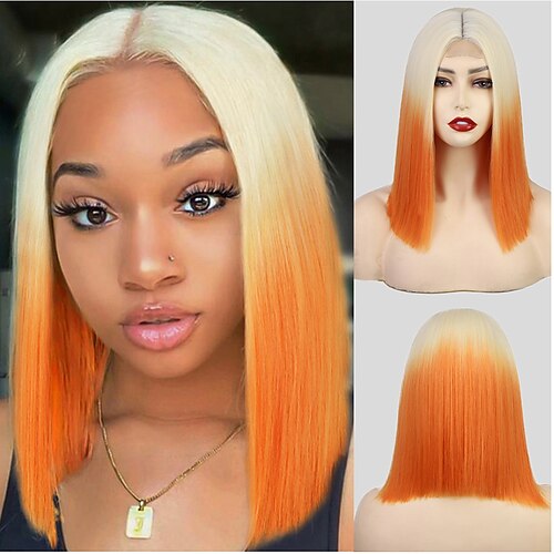 

pelucas sintéticas peluca rubia corta pelucas bob rectas para mujeres parte media ombre rubio rosa naranja cosplay cabello