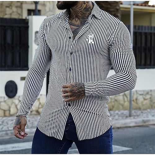 

Herren Hemd Gestreift Umlegekragen Schwarz / Weiß Strasse Casual Langarm Button-Down Bekleidung Modisch Casual Komfortabel / Strand