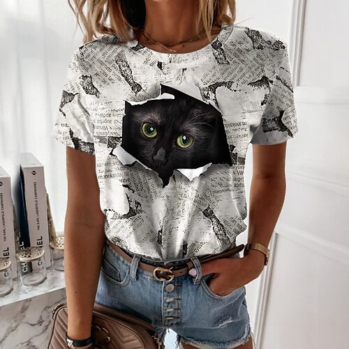 

Women's T shirt Tee White Cat 3D Print Short Sleeve Casual Weekend Basic Round Neck Regular 3D Cat Painting S