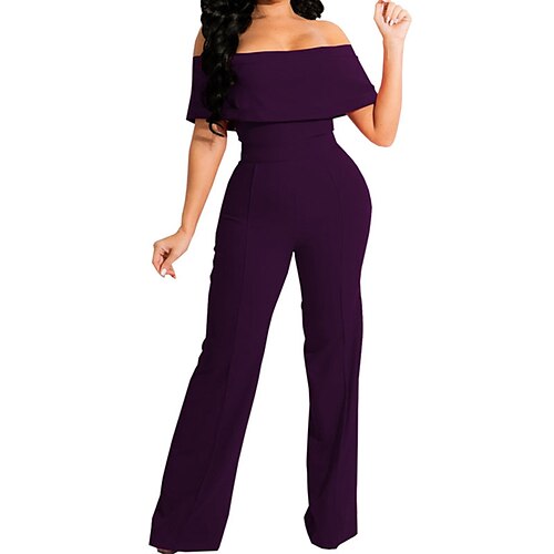 

Women's Jumpsuit High Waist Solid Color Off Shoulder Streetwear Party Work Regular Fit Short Sleeve Green Purple Wine S M L Spring