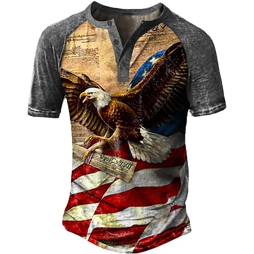 

Men's T shirt Tee Henley Shirt Tee Graphic Color Block Eagle Henley Gray 3D Print Plus Size Outdoor Daily Short Sleeve Patchwork Button-Down Clothing Apparel Basic Designer Casual Classic / Summer