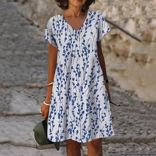 

Mulheres Vestido casual Vestido de turno Vestido midi Azul Bege Azul Claro Manga Curta Floral Imprimir Primavera Verão Decote V Férias 2023 S M L XL XXL 3XL