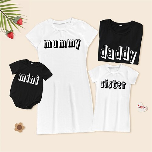 

Family Look Dresses T shirt Tops Letter Causal Print Multicolor Short Sleeve Knee-length Casual Matching Outfits