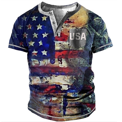 

Men's Henley Shirt Tee T shirt Tee 3D Print Graphic Patterned National Flag Plus Size Henley Daily Sports Button-Down Print Short Sleeve Tops Basic Casual Classic Big and Tall Blue / Summer