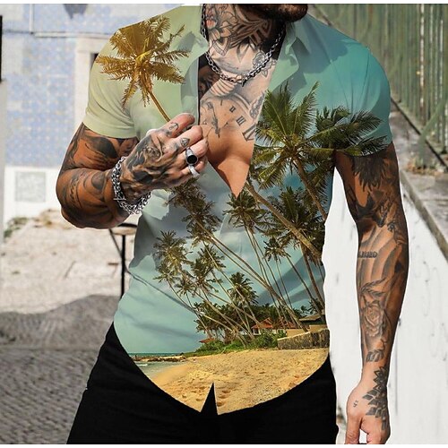 

Men's Shirt Color Block Tree Turndown Street Casual Tops Fashion Streetwear Muscle Green