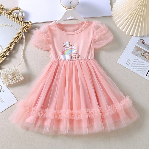 

Kids Little Girls' Dress Rainbow Tulle Dress Party Daily Mesh Pink Knee-length Short Sleeve Princess Cute Dresses Spring Summer Slim 2-8 Years