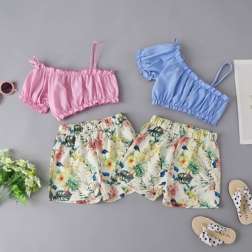 

Kids Girls' T-shirt Skirt Clothing Set 2 Pieces Short Sleeve Pink Light Blue Floral Print Ruched Patchwork Print Street Outdoor Active Daily Regular 2-6 Years