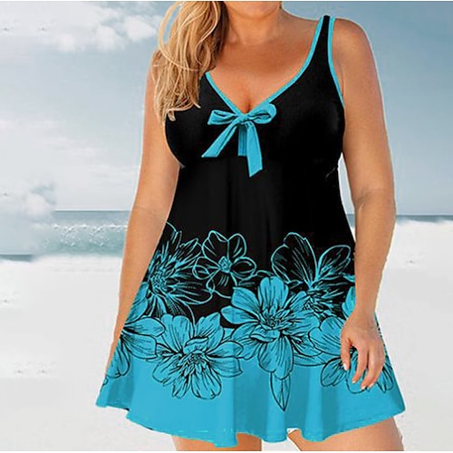 

Women's Swimwear Tankini 2 Piece Plus Size Swimsuit Water Sports Open Back Print Flower Ribbon bow Light Blue V Wire Bathing Suits New Casual Sexy / Modern / Cute