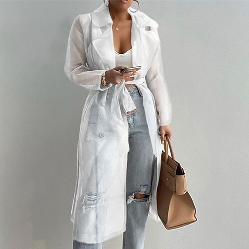 

Women's Trench Coat Casual Jacket Outdoor Street Daily Spring Fall Long Coat Regular Fit Windproof Warm Breathable Streetwear Casual Jacket Long Sleeve Solid Color Pocket Drawstring White Black Khaki