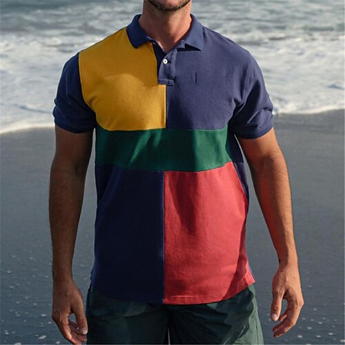 

Men's Golf Shirt Color Block Turndown Casual Daily Patchwork Button-Down Short Sleeve Tops Fashion Classic Breathable Rainbow