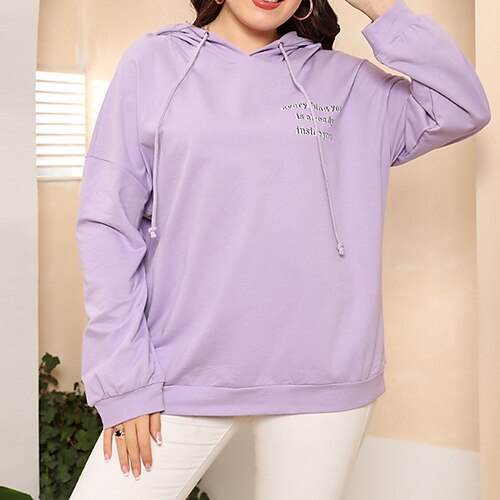 

Women's Plus Size Tops Hoodie Sweatshirt Letter Print Long Sleeve Hooded Streetwear Daily Back to School Cotton Spring Summer Purple