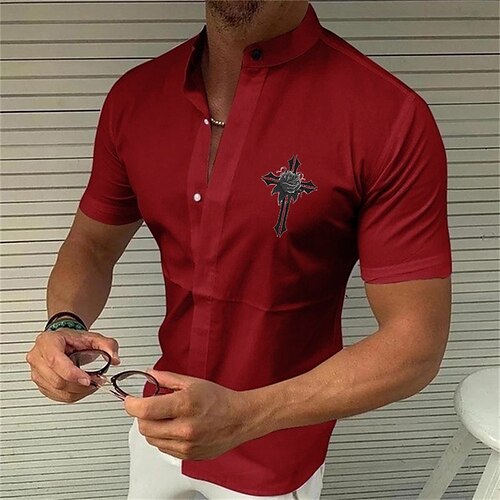 

Men's Shirt Solid Color Cross Standing Collar Street Casual Button-Down Print Half Sleeve Tops Designer Casual Fashion Breathable White Black Wine / Summer