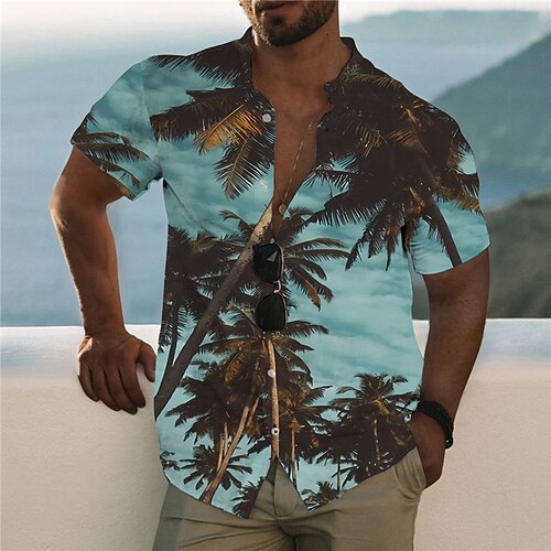 

Men's Shirt 3D Print Coconut Tree Stand Collar Casual Daily Button-Down Print Short Sleeve Tops Designer Casual Fashion Comfortable Blue