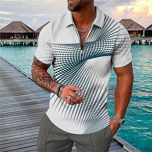 

Men's Collar Polo Shirt Golf Shirt Polka Dot Turndown Blue 3D Print Casual Daily Short Sleeve Zipper Print Clothing Apparel Fashion Designer Casual Breathable / Sports