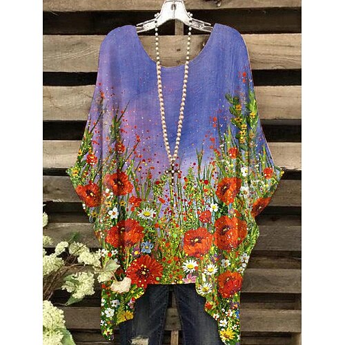 

Women's T shirt Tee Shirt Blue Floral Asymmetric Print 3/4 Length Sleeve Holiday Beach Casual Beach Round Neck Long Floral S / 3D Print