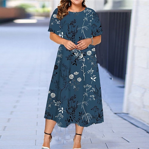 

Women's Plus Size Curve Shift Dress Floral Round Neck Short Sleeve Spring Summer Casual Maxi long Dress Causal Daily Dress