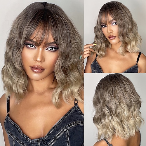 

HAIRCUBE BOB Wigs Ombre Brown Short Water Wavy Synthetic Wigs With Bangs Auburn Black Blonde Wave Hair For Women