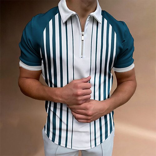 

Men's Golf Shirt Print Striped Turndown Casual Daily Street Vacation Zipper Print Short Sleeve Tops Casual Fashion Breathable Comfortable Green Summer Shirt Quick Dry