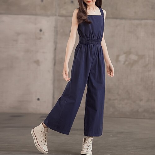 

Kids Girls' Jumpsuit Solid Colored Basic Casual Cotton 3-13 Years Spring Navy Blue
