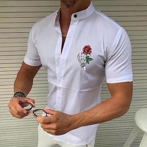 

Men's Shirt Solid Color Skull Rose Standing Collar Street Casual Button-Down Print Half Sleeve Tops Designer Casual Fashion Breathable White Black Wine / Summer