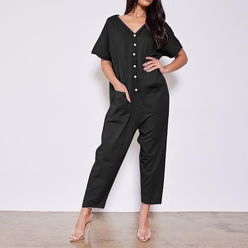 

Women's Jumpsuit Pocket Button Solid Color V Neck Casual Home Street Regular Fit Short Sleeve Black Purple Orange S M L Spring