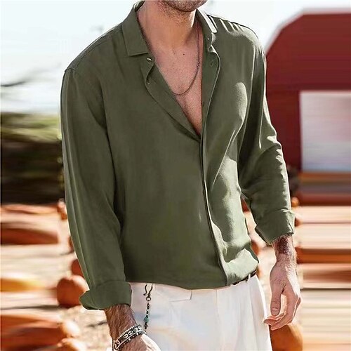 

Men's Shirt Solid Color Turndown Green Outdoor Street Long Sleeve Button-Down Clothing Apparel Fashion Casual Breathable / Summer / Spring / Summer