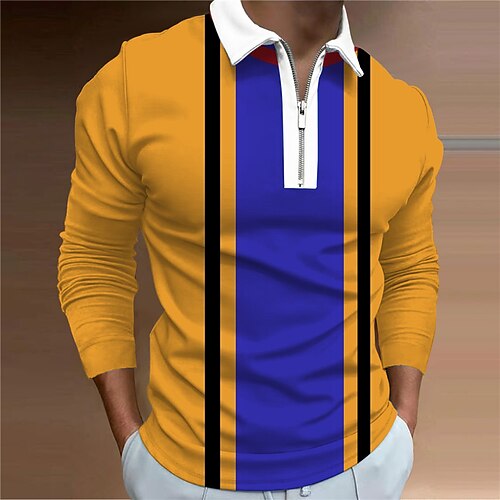 

Men's Collar Polo Shirt Golf Shirt Striped Turndown Yellow 3D Print Outdoor Street Long Sleeve Zipper Print Clothing Apparel Fashion Designer Casual Breathable / Summer / Spring / Summer