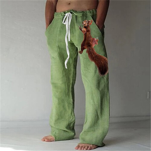 

Men's Trousers Beach Pants Elastic Drawstring Design Front Pocket Straight Leg Animal Graphic Prints Squirrel Comfort Soft Casual Daily Fashion Designer Green White