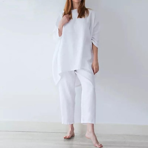

2022 cross-border independent station amazon aliexpress european and american women's clothing loose fashion casual solid color cotton linen two sets