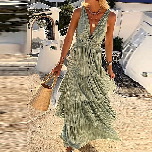 

Women's Party Dress Skater Dress Long Dress Maxi Dress Green Sleeveless Pure Color Backless Spring Summer V Neck Party 2022 S M L XL