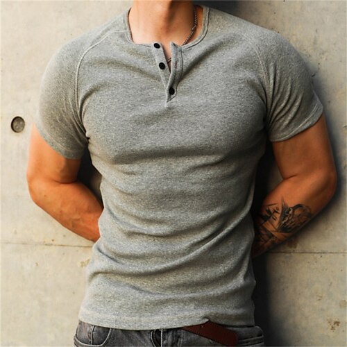 

Men's Henley Shirt Solid Color Henley Gray White Street Holiday Short Sleeve Button-Down Clothing Apparel Fashion Casual Comfortable / Summer / Summer / Beach
