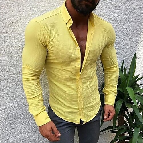 

Homens Camisa Social camisa de botão camisa de verão Preto Amarelo Vermelho Fúcsia Cinzento Manga Longa Tecido Aberto para a Lateral Rua Casual Botão para baixo Roupa Moda Casual Confortável