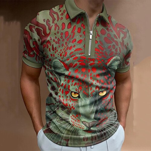 

Men's Collar Polo Shirt Golf Shirt Cheetah Print Turndown Gray 3D Print Street Daily Short Sleeve Zipper 3D Clothing Apparel Fashion Casual Breathable Comfortable / Beach