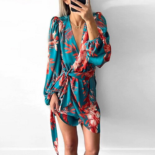 

Women's A Line Dress Short Mini Dress Green Long Sleeve Floral Lace up Print Spring Summer V Neck Casual Vacation 2022 S M L XL XXL 3XL