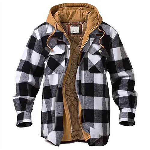 

Men's Jacket Street Daily Holiday Winter Regular Coat Regular Fit Windproof Warm Casual Streetwear Jacket Long Sleeve Print Plaid / Check Full Zip Pocket WhiteBlack