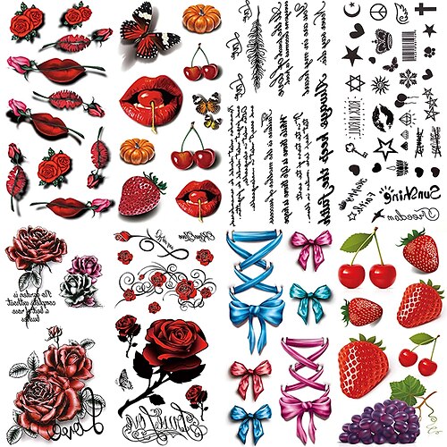 

8 pcs New Vivid 3D Tattoo Red Lip Cherry Strawberry Pumpkin Design Flash Temporary Tattoo Sticker Men Women Body Art Fake Tattoo G3D33