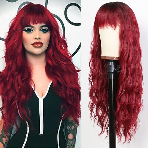 

Burgundy Red Long Wavy Wigs for Black Women Glueless Wine Red Body Wave Synthetic Wig Heat Resistant Fiber Hair Wig with Bangs Natural Curly Ombre Burgundy Colorful Fashion Wig ChristmasPartyWigs