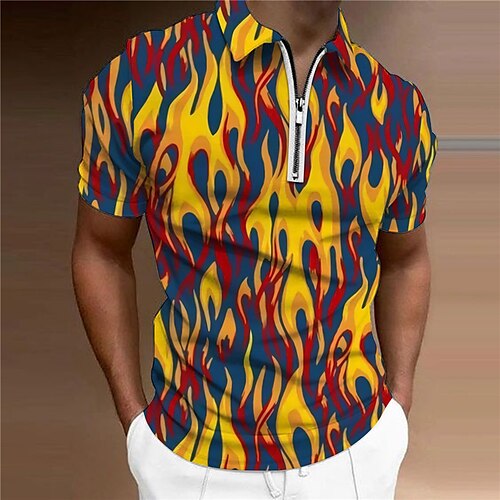 

Men's Collar Polo Shirt Golf Shirt Flame Turndown Yellow 3D Print Casual Daily Short Sleeve Zipper Print Clothing Apparel Fashion Designer Casual Breathable / Sports