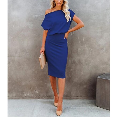 

Women's Sheath Dress Midi Dress Black Blue Wine Short Sleeve Pure Color Cold Shoulder Spring Summer Off Shoulder 2022 S M L XL XXL