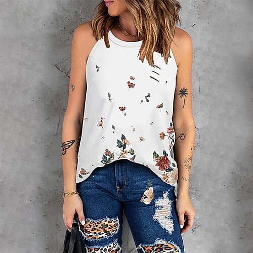 

Women's Holiday Weekend Floral Tank Top Camis Floral Sleeveless Print Round Neck Casual Streetwear Tops White Black Red S / 3D Print