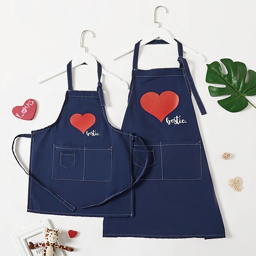 

Family Look Aprons Heart Letter Print Blue Sleeveless Basic Matching Outfits