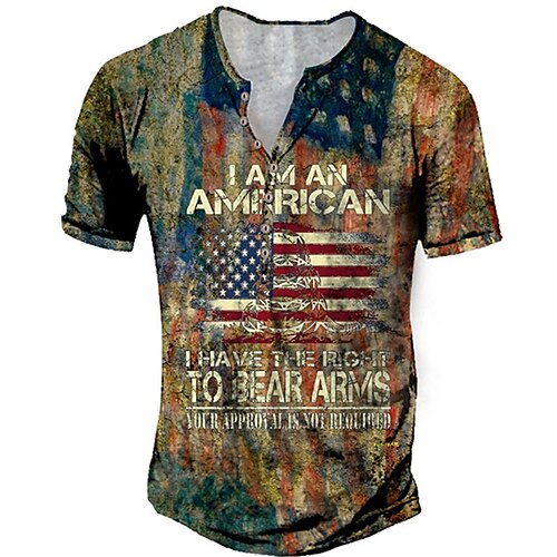 

Men's Henley Shirt Tee T shirt Tee 3D Print Graphic American Flag Plus Size Henley Daily Sports Button-Down Print Short Sleeve Tops Designer Basic Casual Big and Tall Yellow / Summer